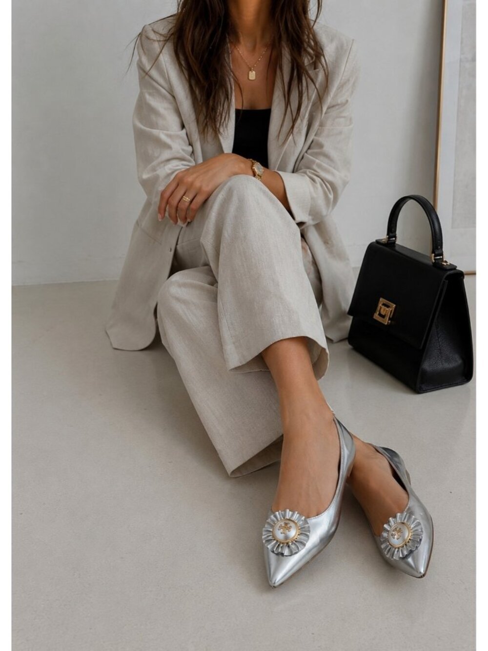 Tory Burch Silver Metallic Leather Pointed Toe Logo Ballet Flats Women's 10.5M